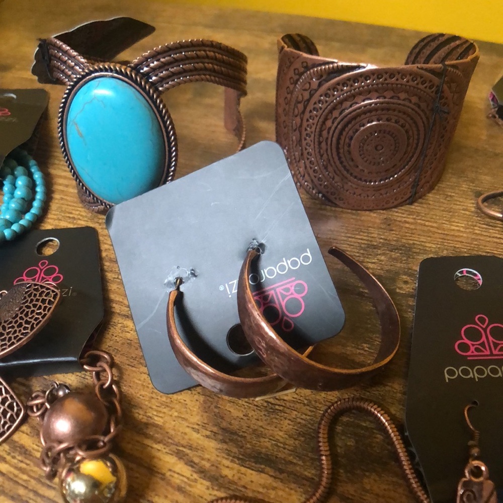 Paparazzi Necklace, Bracelet, Earrings copper tones and turquoise.
